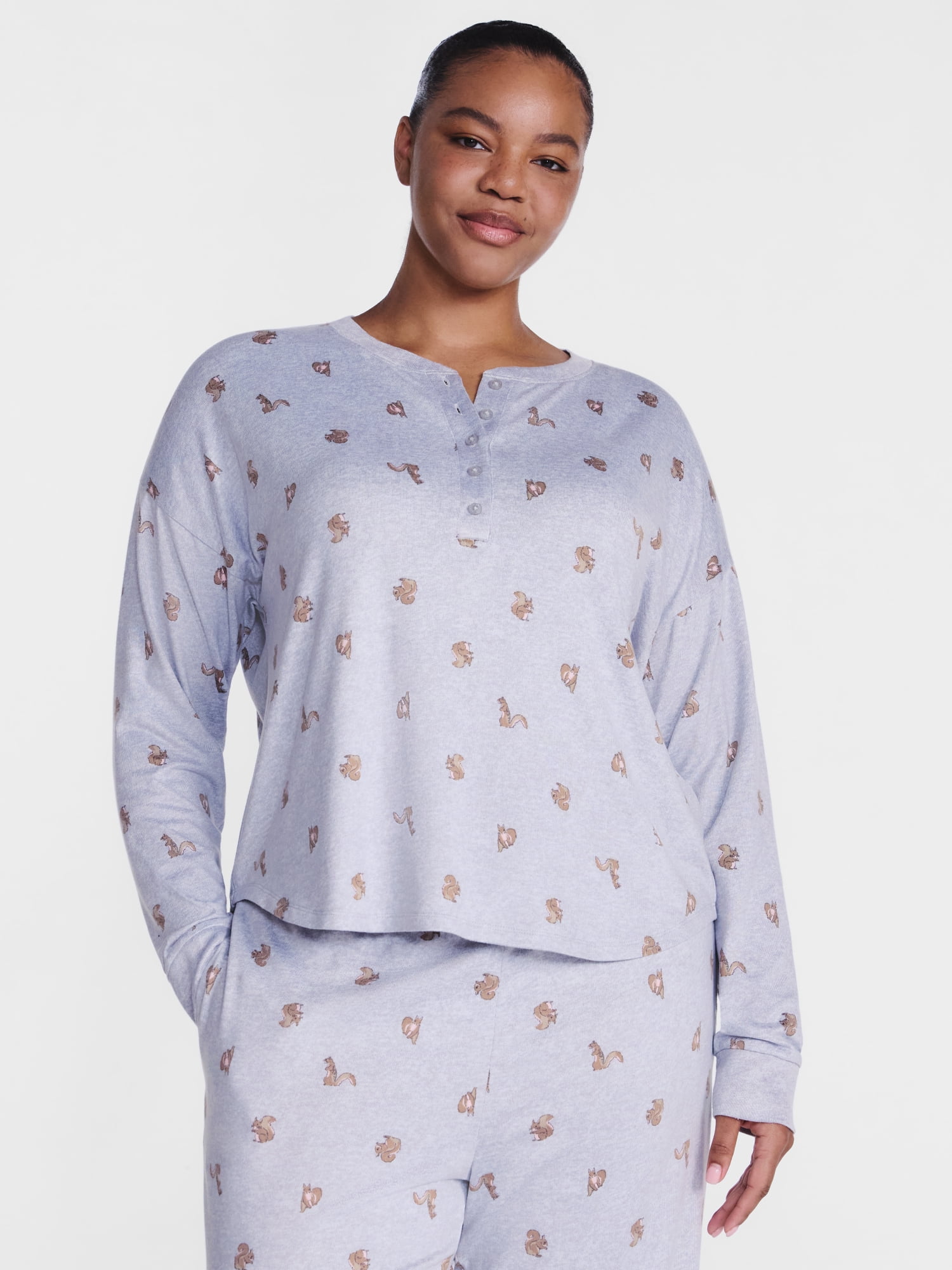 Joyspun Women's Cozy Lounge Collection Hacci Long Sleeve Henley Sleep Top, Sizes XS to 3X