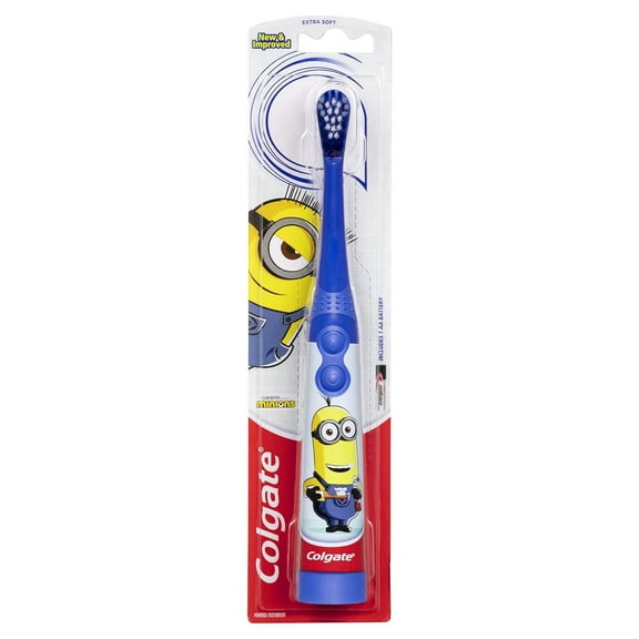 Colgate Kids Battery Powered Toothbrush, Kids Battery Toothbrush with Included AA Battery, Extra Soft Bristles, Flat-Laying Handle to Prevent Rolling, Minion Toothbrush, 1 Pack