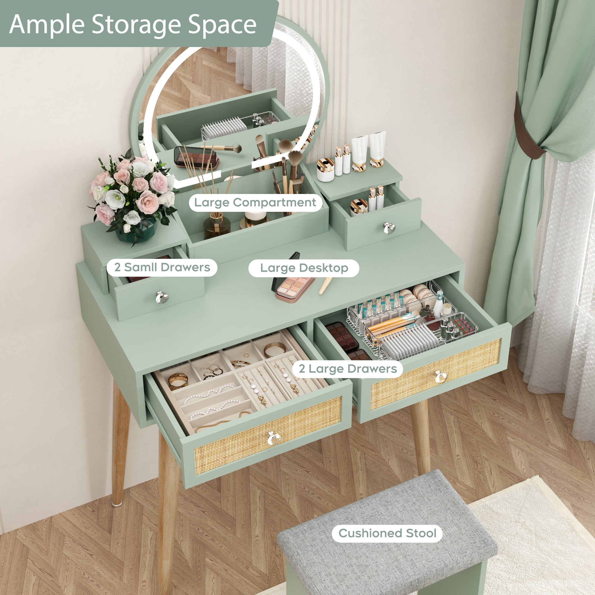 Brafabhome Vintage Boho Vanity Table Set with Adjustable Lighted Mirror and Stool, Modern Dressing Table Set with Drawers and Storage Shelves for Makeup Room Bedroom | Green