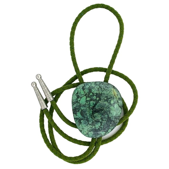 125 Carat Blue Green Spiderweb Turquoise Cab 2 x 1 3/4 Inch Bolo Tie EPBT393