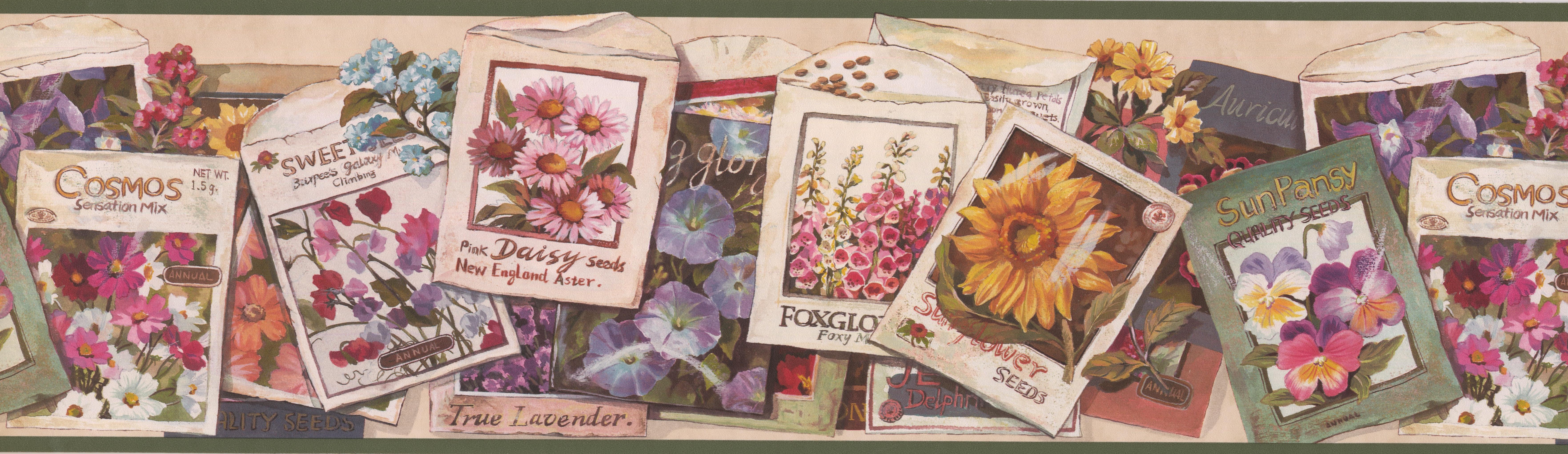Flower Seeds Packets Vintage Wallpaper Border Retro Design, Roll 15' x