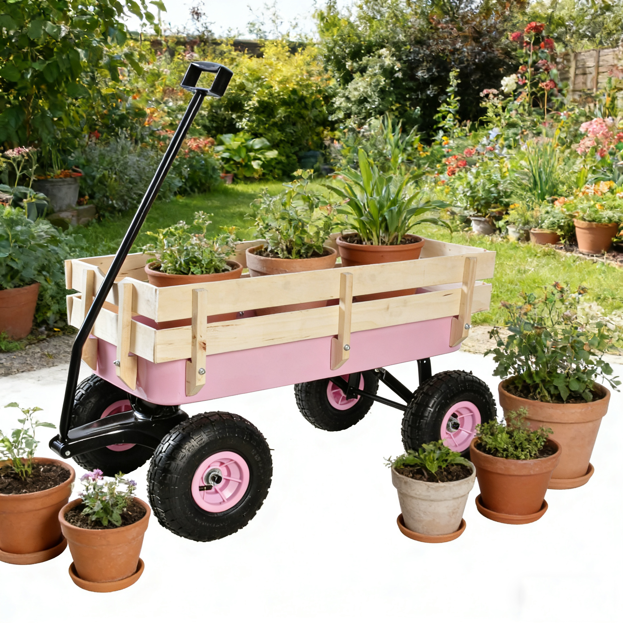 Outdoor Wagon All Terrain Garden Cart Wood Railing 10 Inch Pneumatic Air Tires 176 LBS Load Capacity Iron Frame Foldable Handle For Yard Garden Lawn Hauling