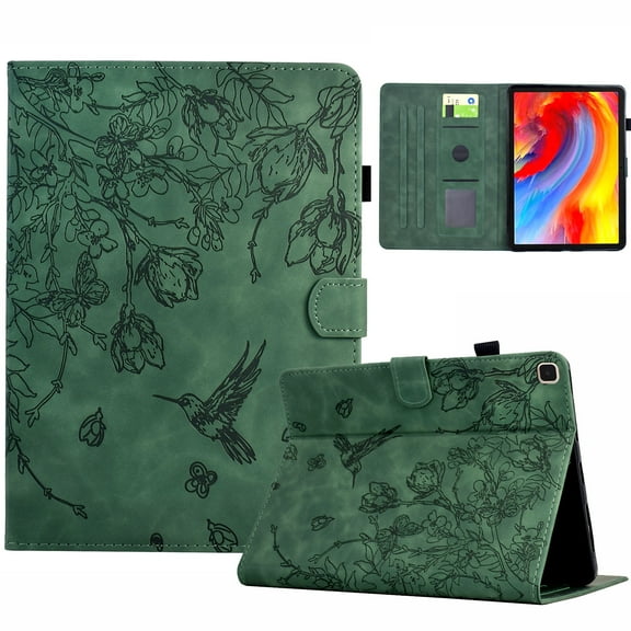 for Samsung Galaxy Tab S6 Lite 10.4" 2020 / 2022 / 2024 Tablet Case, PU Leather Embossed Flower Pattern Cover with Multi-Angle Flip Stand & Card Slots Protective Cover Case, Green