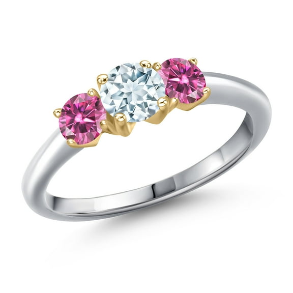 Gem Stone King 925 Silver and 10K Yellow Gold Sky Blue Aquamarine and Pink Moissanite Engagement Ring for Women | 0.96 Cttw | Round 5MM | Gemstone March Birthstone | Size 5