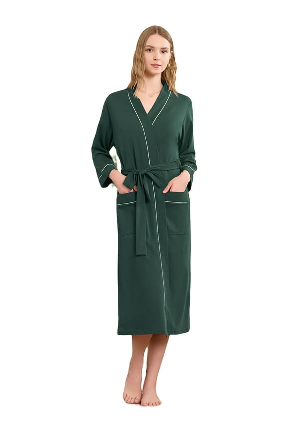 Womens Robe 100% Cotton, Lightweight Spa Bathrobe Soft Kimono Long Loungewear,(Dark Green,S)