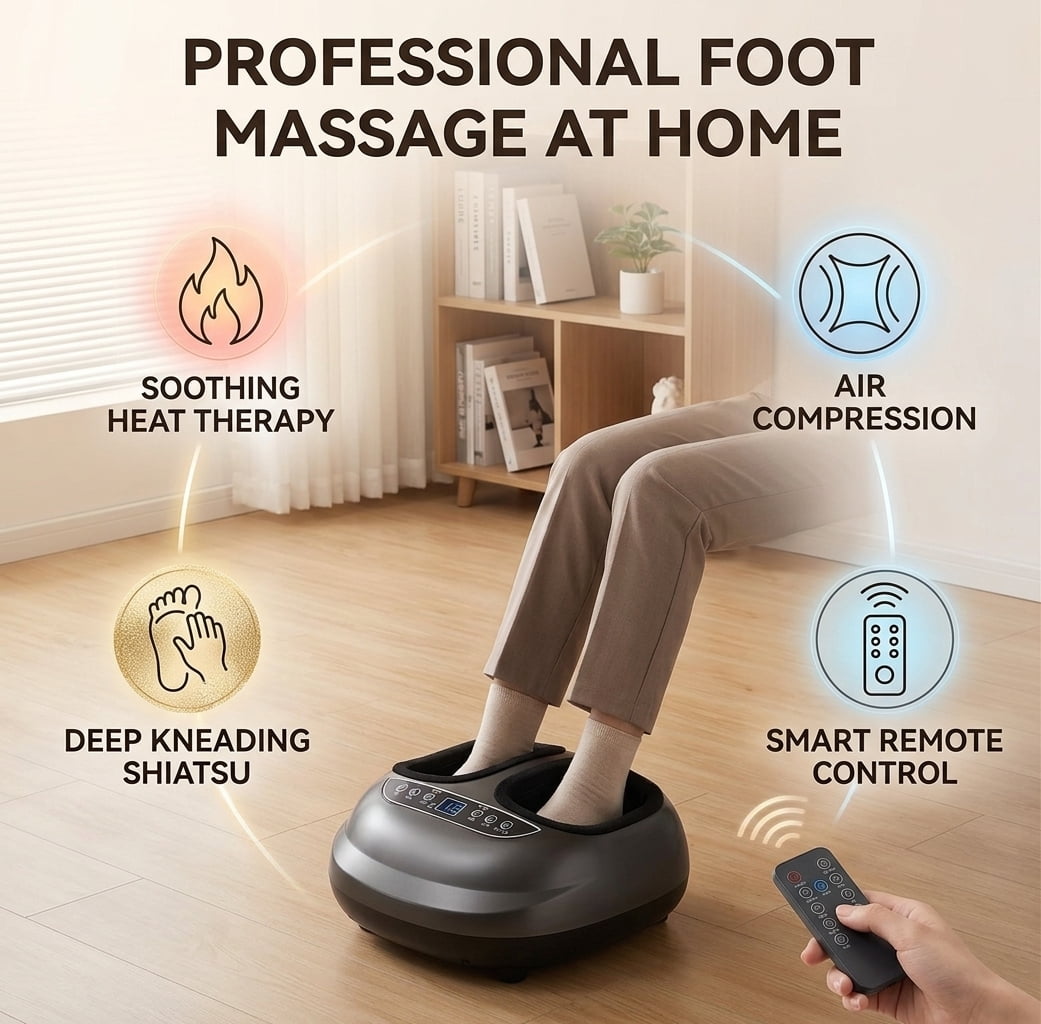 Heated Foot Warmer & Shiatsu Massager Remote Control Vibration Compression - Full Foot Pain Relief for Standing Workers Home Office Travel Use Fits Size 13