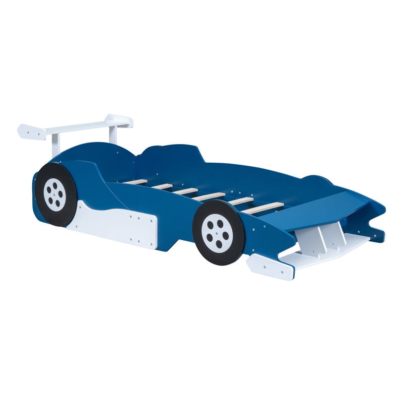 HICOMILA Twin Size Race Car-Shaped Platform Bed with Wheels, Car Bed Frame for Boys Girls, Wooden Twin Floor Bed, Blue