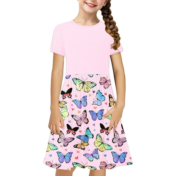 JoyHoop Girls Short Sleeve Dresses Skater Twirly Stretch A-Line Toddler Casual Swing Dress