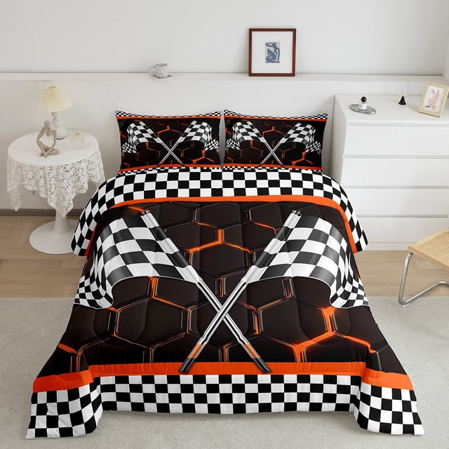 Erosebridal Sport Racing Checkered Bedding Toddler Comforter Set, Orange Down Comforter, Chic Honeycomb Decor, Ultra Soft 2pcs