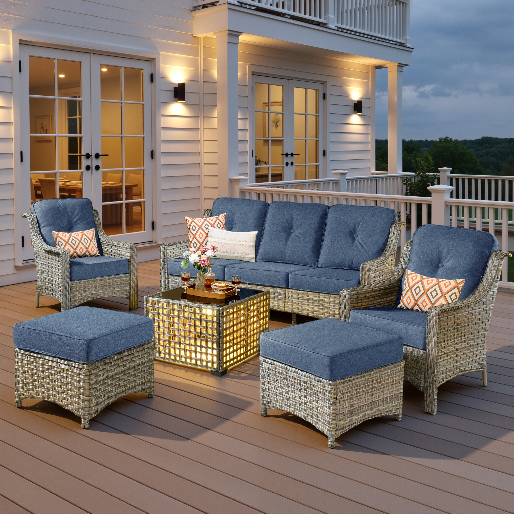 Ovios 6 Pieces Outdoor Furniture Set High Back All-Weather Wicker Patio Conversation Set with Ottomans & Solar Light Coffee Table, Denim Blue