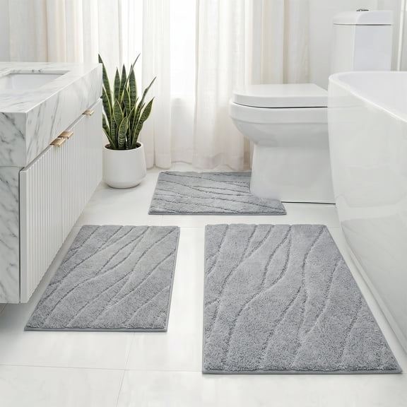 Aonewoe Bathroom Rug Sets 3 Piece Microfiber Water Absorbent Bath Mats with U-Shaped Mat Washable,Light Gray