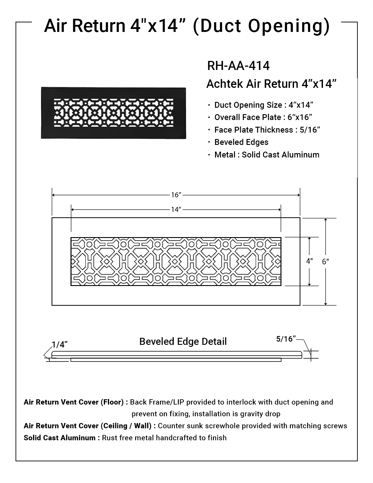 Achtek Air Return 4"x14" (Overall Size 6"x16") | Cast Aluminum Air Grille | HVAC Duct Cover for Home Ventilation