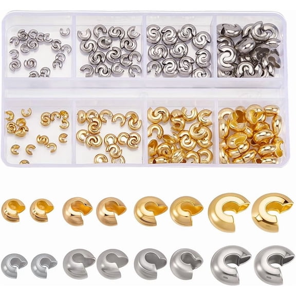 200Pcs 8 Style Crimp Beads 4/5.5/6.5/8mm 18K Gold Plated 304 Stainless Steel Knot Covers Half Round Open Crimp Bead for Jewelry Making Bracelet Necklace DIY Crafts Findings for DIY