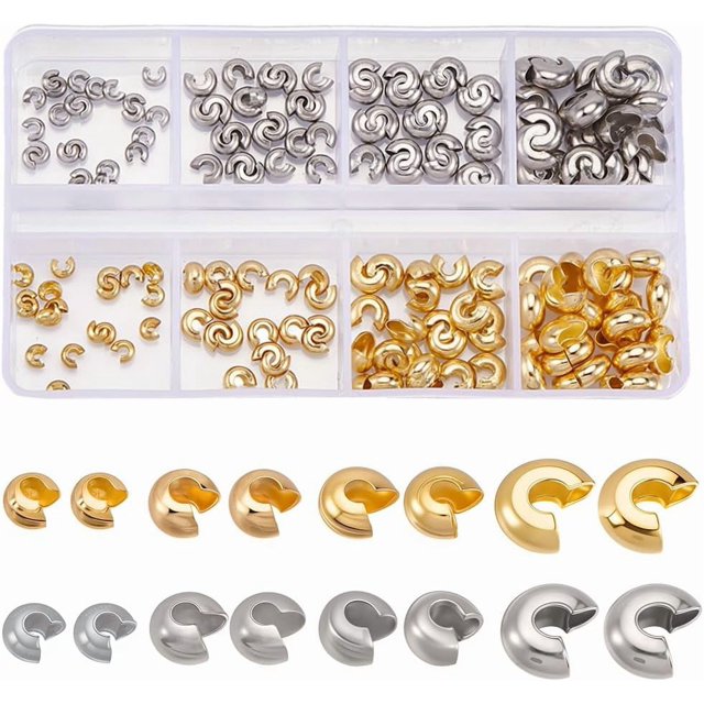 200 cuentas de engarce de 8 estilos, 4/5,5/6,5/8 mm, chapadas en oro de 18 quilates, de acero inoxidable 304, con nudos, semicirculares y abiertas.