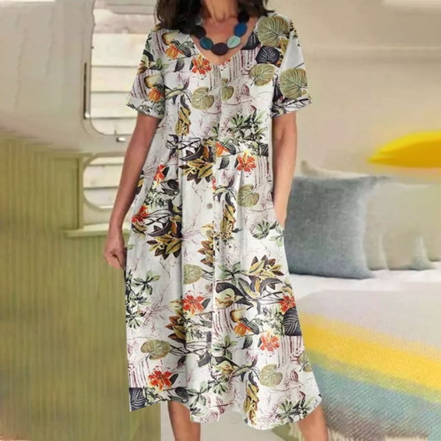 Robes pour Femmes 2024 Été Oversize Aguichant Vintage Col en V Manches Courtes Bouton Poche Robe Décontractée Rabais de 50 % Liquidation!