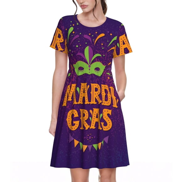 Vsdgher Mardi Gras2 pour Femmes Été 2025 Décontracté Robes Midi Maxi Légères Manches Courtes Col Rond Robe de Plage