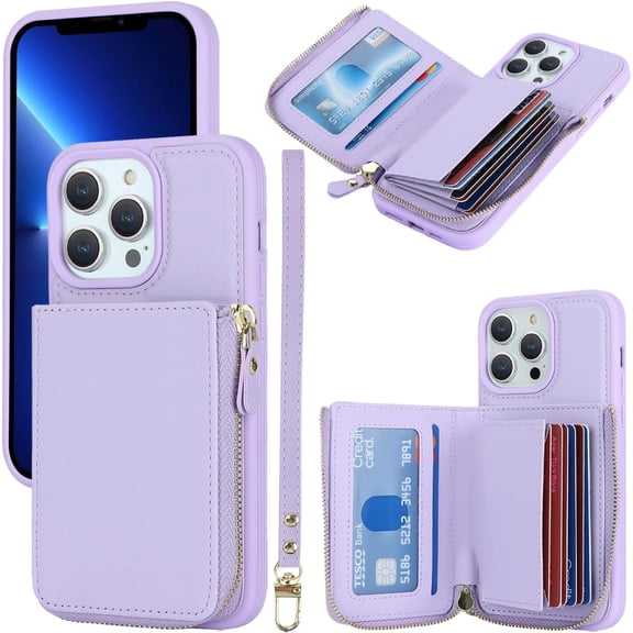 iPhone 12 pro max Phone case Wallet with Zipper Card Holders for Women, iPhone 12 pro max Case Wallet with Credit Card with Ring Kickstand Zipper Stand Case for iPhone12promax - Lilac