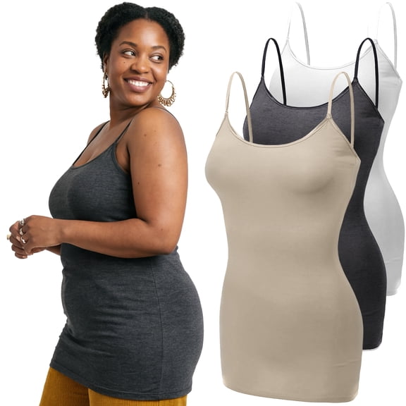 Emmalise Women's 3-Pack Basic Long Camisoles Adjustable Strap Cami, Khaki, Hth Charcoal, White