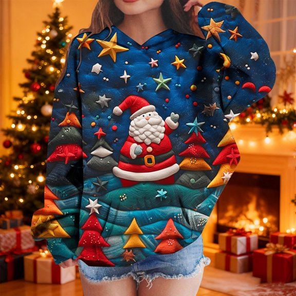 BaoFuBaoMei Hoodie for Boys Girls Pullover Christmas Santa Claus Long Cuffed Sleeve Sweatshirt Tops with Pockets Loose Hooded Fall Clothing for Christmas Dinner Vacation Holiday