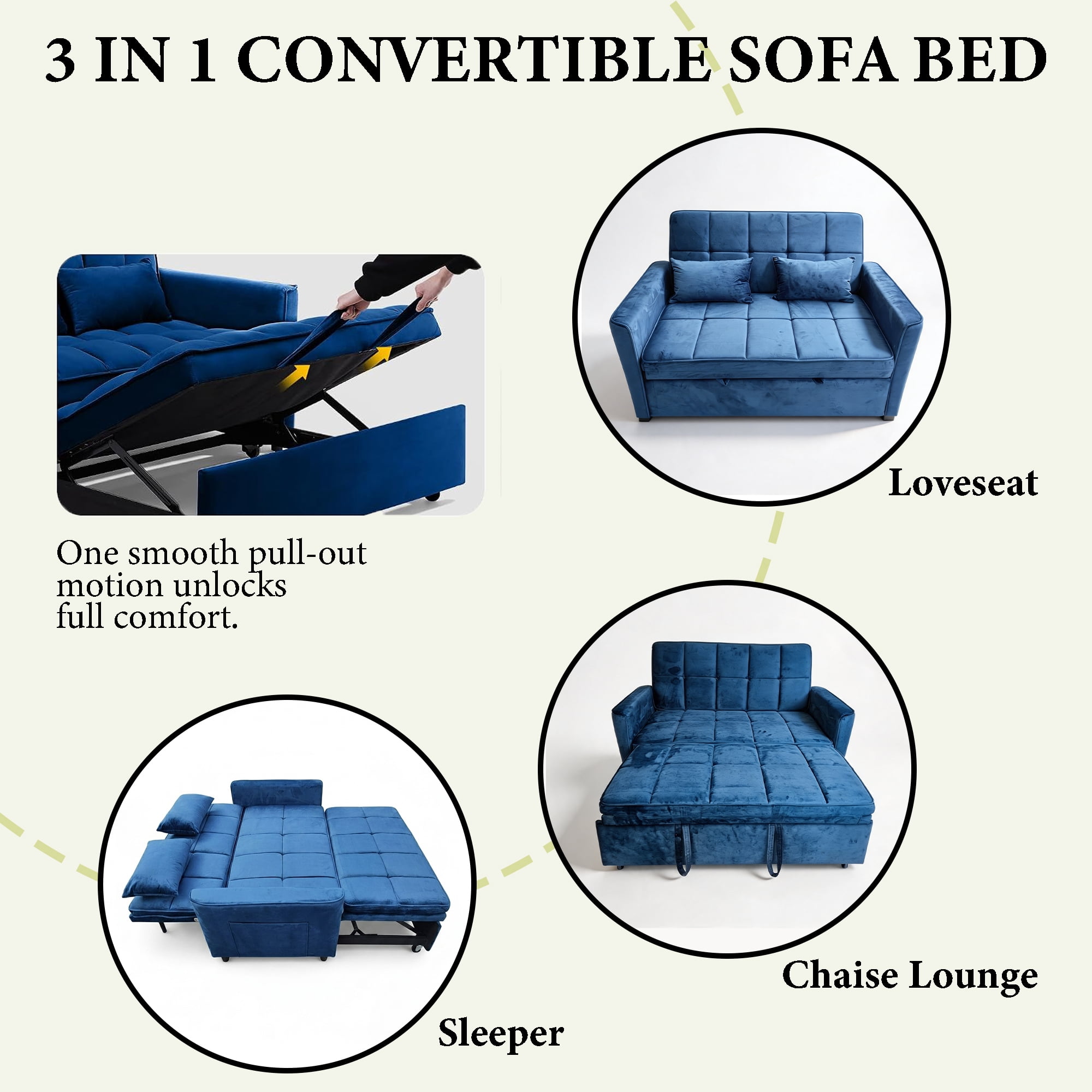 WAKEFIT 54" Pull-Out Sleeper Sofa Bed,3-in-1 Convertible Loveseat Couch with Adjustable Backrest for Small Living Room,Velvet,Blue