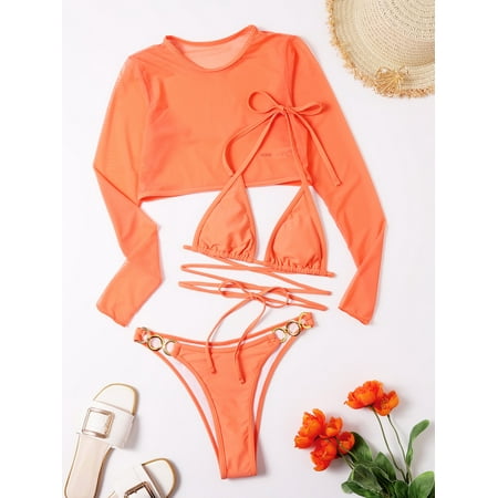 3 Pack Triangle Thong Bikinis 2024 Swimsuit Solid Mesh Top Ring Link Swimwear Female Sexy Bathing Suit Swimming Summer Beachwear