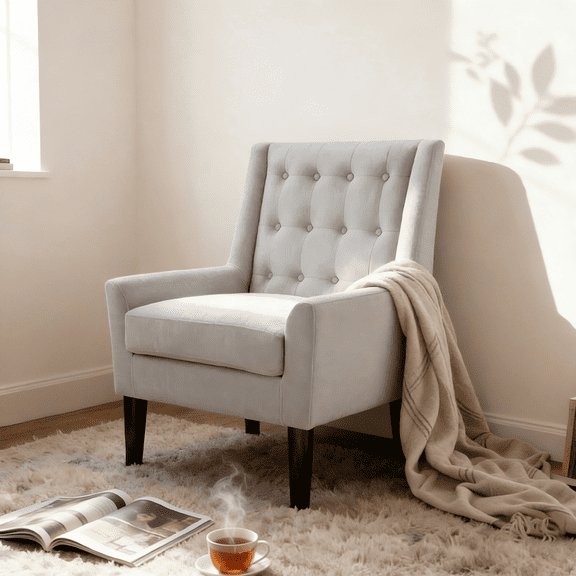 Gewnee Beige Velvet Accent Armchair with Solid Rubberwood Legs - Living Room & Balcony