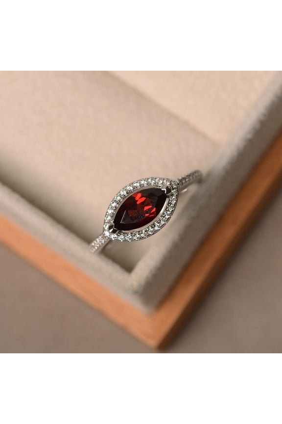 Marquise cut red garnet ring, engagement ring, sterling silver, January birthstone gemstone, halo ring