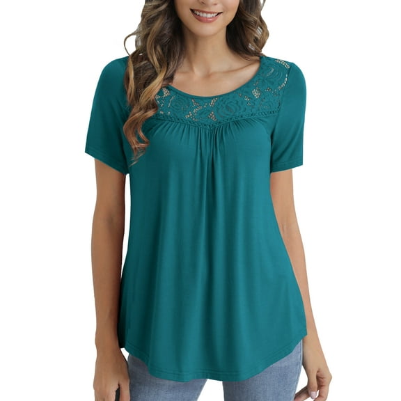 VERABENDI Women's Plus Size Tops Summer Short Sleeve Lady Tunic Shirts Lace Splicing Blouses,M-4XL