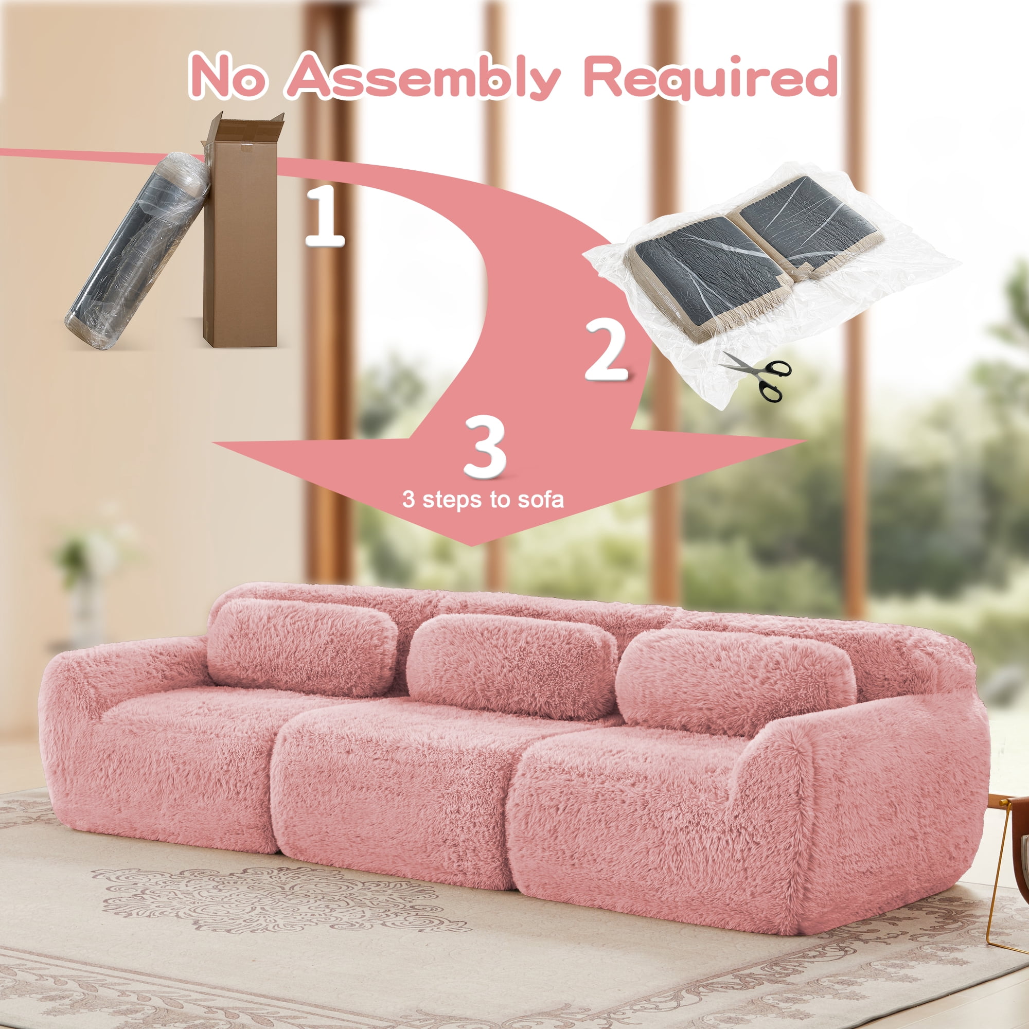 MAYEERTY 114" Plush Modular Sectional Sofa, Pink Ergonomic Couch, Vacuum Compression Buckle Connection with Throw Pillows for Study Home Theater