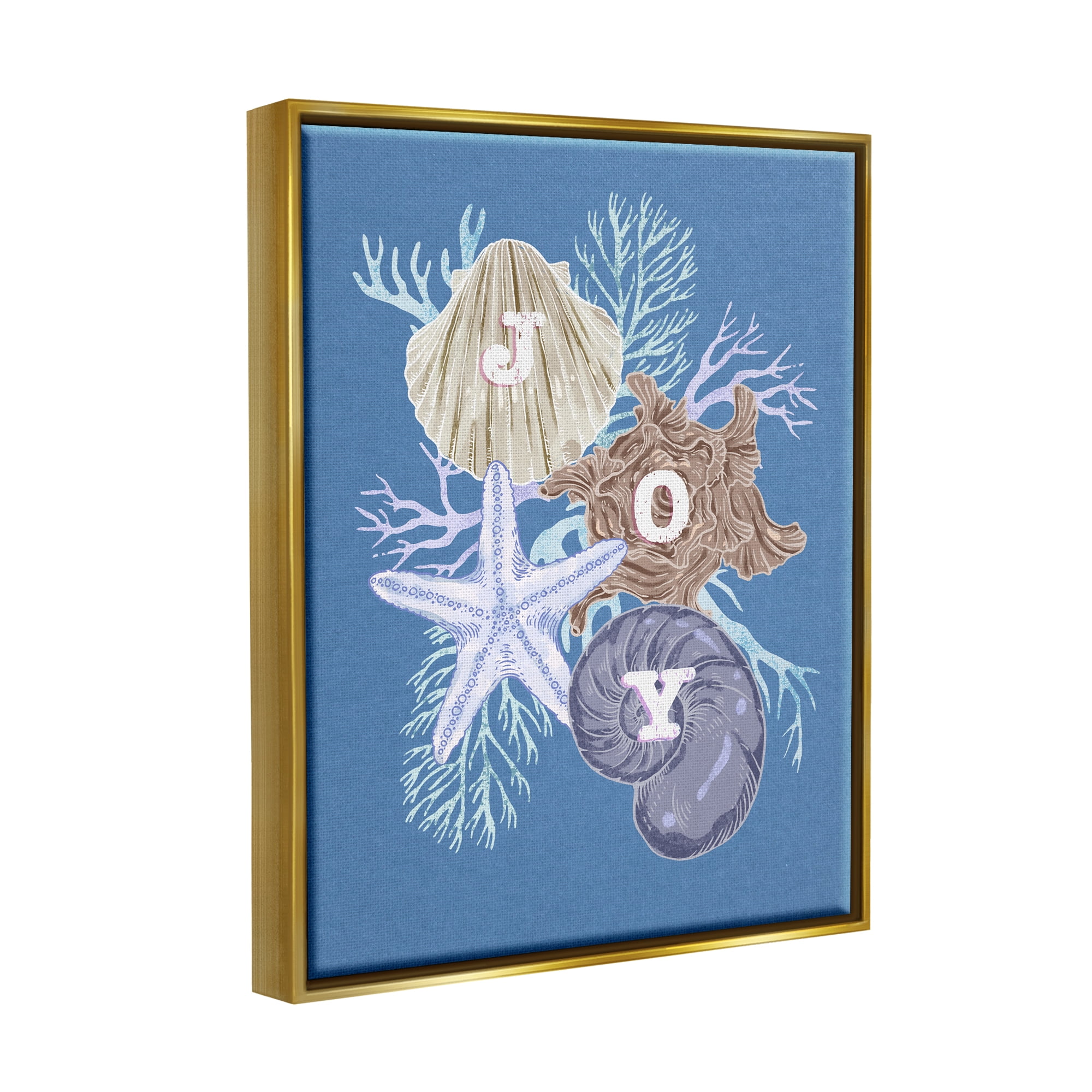 Stupell Industries Joy Nautical Holiday Seashells Holiday Painting Gold Floater Framed Art Print Wall Art