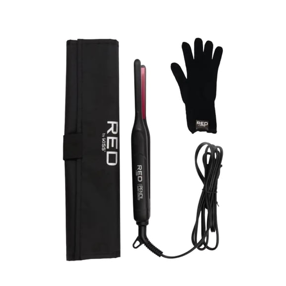 Red by Kiss Pencil Flat Iron up to 450°F Thin Small Tourmaline Ceramic Plate 0.3 inch (3/10") for Women and Men, Short to Medium Hair, Pixie Cut, Bangs, Edges.. A Travel Pouch and a Glove Included