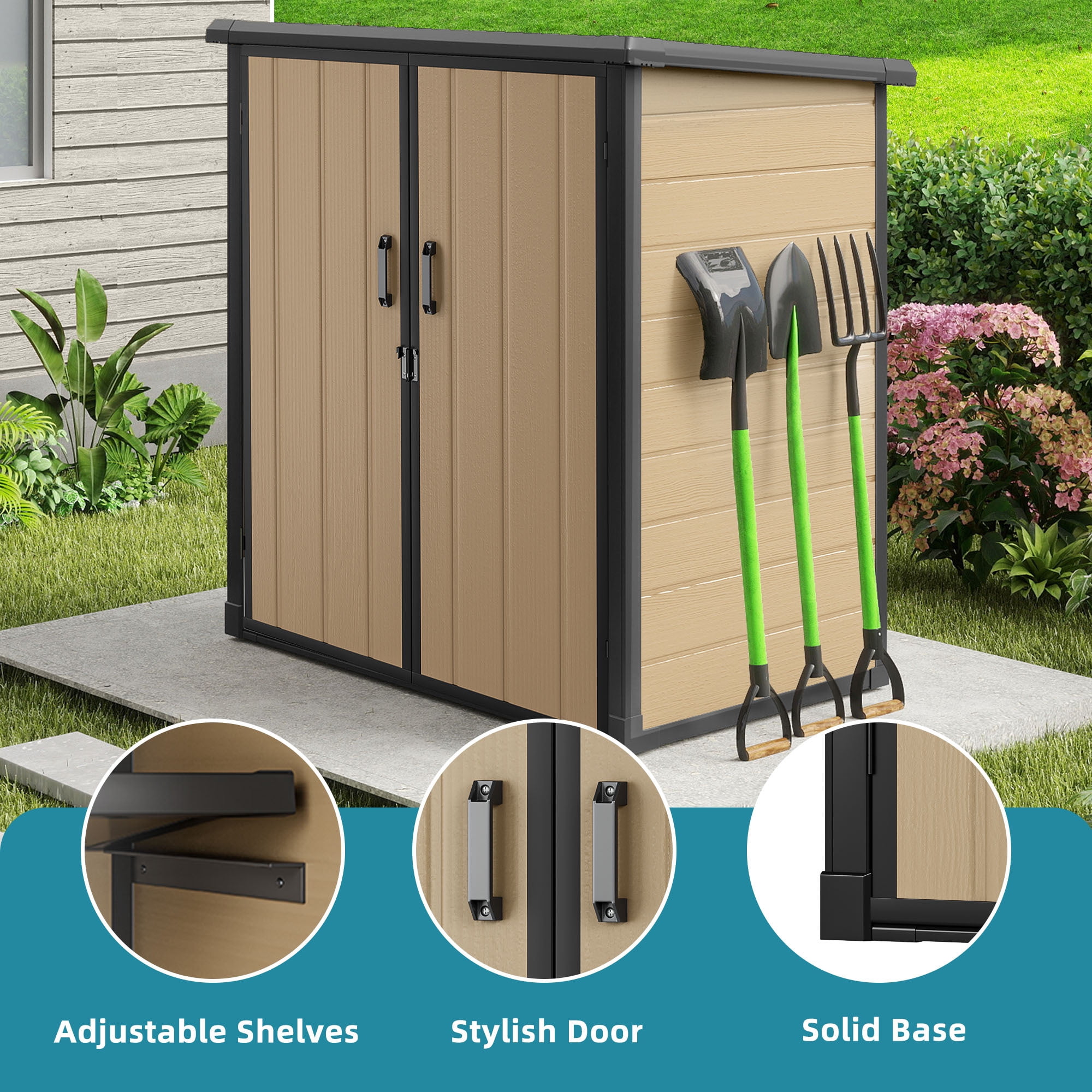Uforic 54 Cu. Ft. Outdoor Vertical Storage Shed with 2 Shelves, 4.2x2.6x5 Ft, Includes Floor & Lockable Doors, Durable Double-Wall Plastic Cabinet for Trash Cans, Tools and Garden Equipment, Brown
