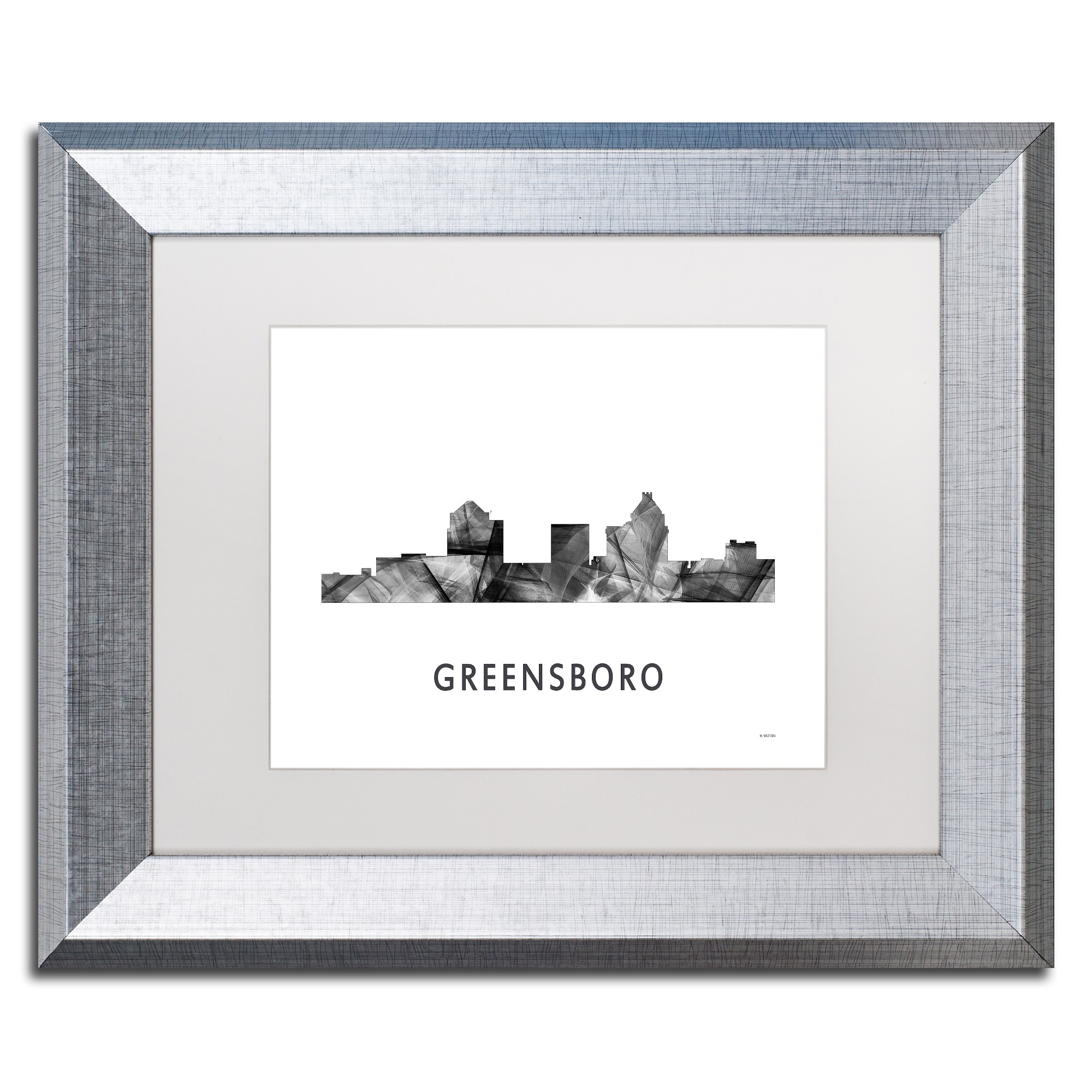 Trademark Fine Art 'Greensboro NC Skyline WB-BW' Canvas Art by Marlene Watson, White Matte, Silver Frame