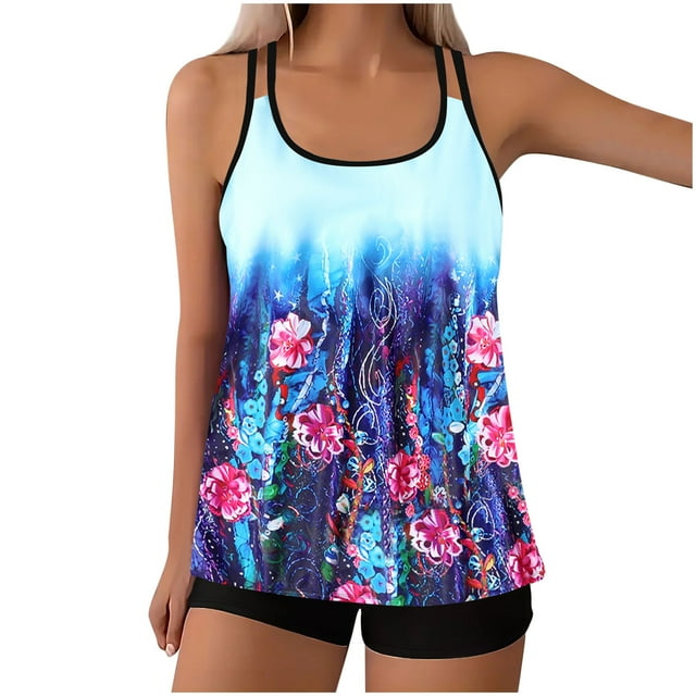 Maillots de Bain Deux Pièces pour Femmes, Tankinis Deux Pièces pour Femmes Col Rond Blouson Haut de Tankini avec Shorts Maillots de Bain Modestes Grande Taille P-5TG Liquidation Vêtements pour Femmes