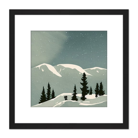 Calm Starry Night Snow Covered Mountain Landscape Winter Scene Watercolour Painting Square Wooden Framed Wall Art Print Picture 8X8 Inch