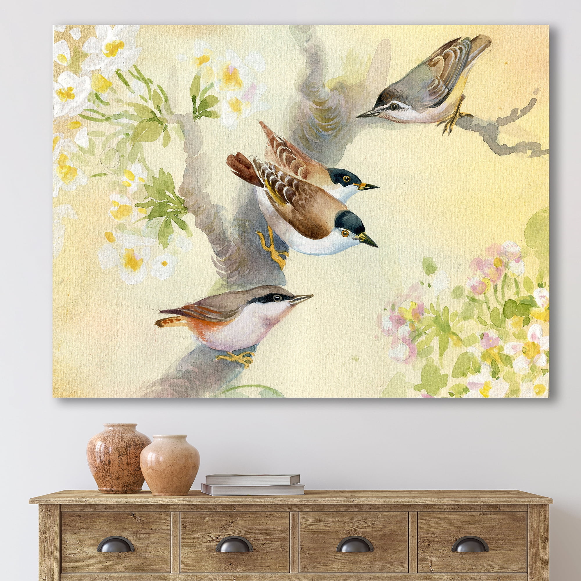 Designart ' Birds Sitting On A Blossoming Apple Tree ' Traditional Canvas Wall Art Print