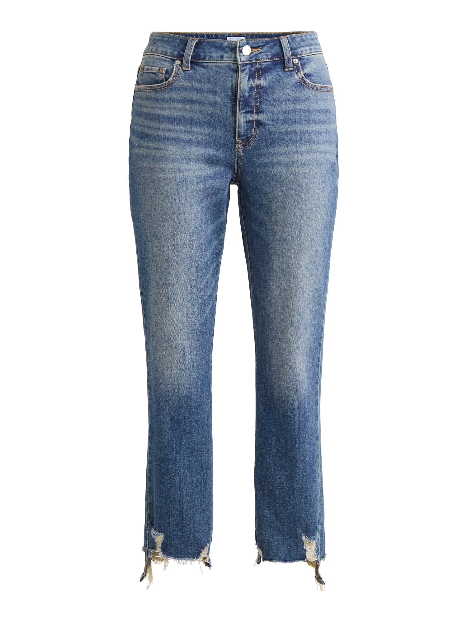 Time and Tru Women's and Women’s Plus High Rise Straight Leg Jeans with Raw Hem, 27.5” Inseam, Sizes 0-22