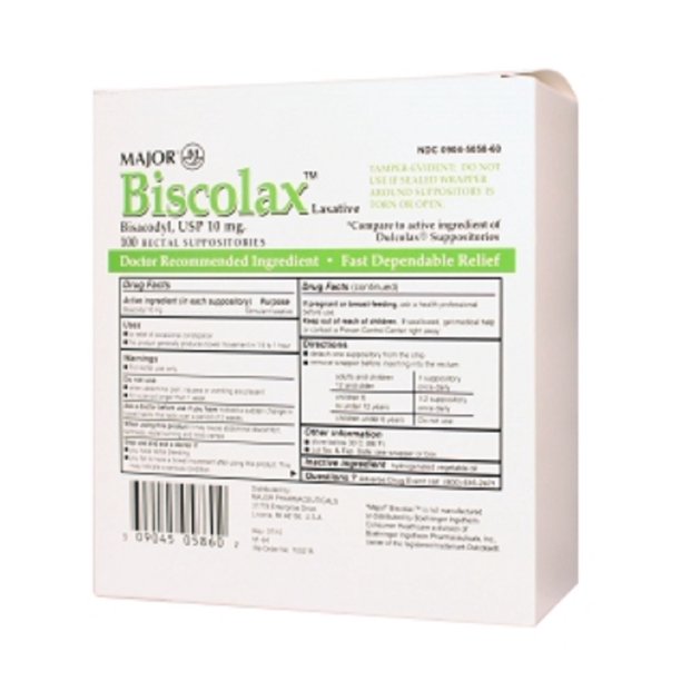 212MJRX MAJOR BISCOLAX LAXATIVE SUPP 10MG BISACODYL10 MG White 100 CT UPC 309045058602 (PACK of