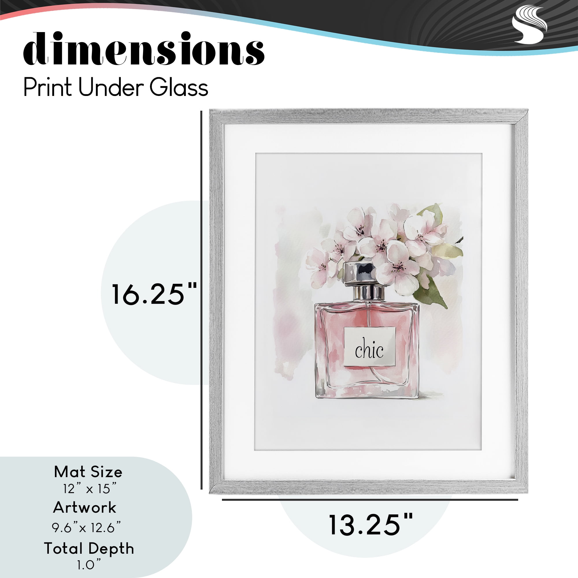 Cherry Blossom Chic Perfume Gray Framed Print Under Glass, design by Christine Simpson Art