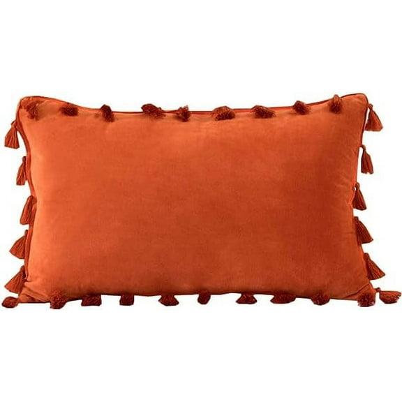 Nvzi Velvet Soft Solid Decorative Throw Pillow Cover with Tassels Boho Accent Cushion Case for Couch Bedroom Car Orange 12''x20''