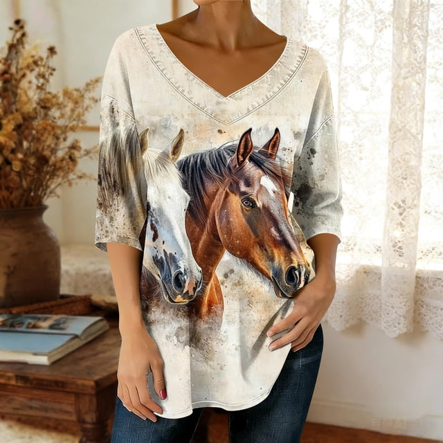 3/4 Manga Casual Tops para las Mujeres Pullover de Cuello en V de Ajuste Suelto Top Impreso Casual de Ajuste Suelto para Primavera Tops para las Mujeres 3/4 Manga