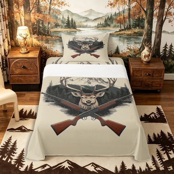 Castle Fairy Animal Deer Twin Sheets 3pcs,Hunting Wildlife Bedding,Beige Brown Black,1 Fitted Sheet, 1 Flat Sheet and 1 Pillowcase