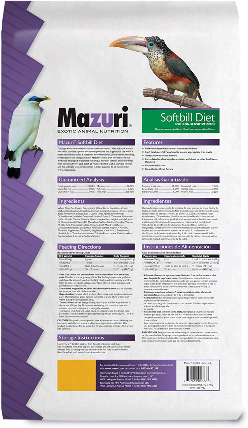 Mazuri | Softbill Diet for Iron-Sensitive Birds | 15 Pound (15 lb) Bag