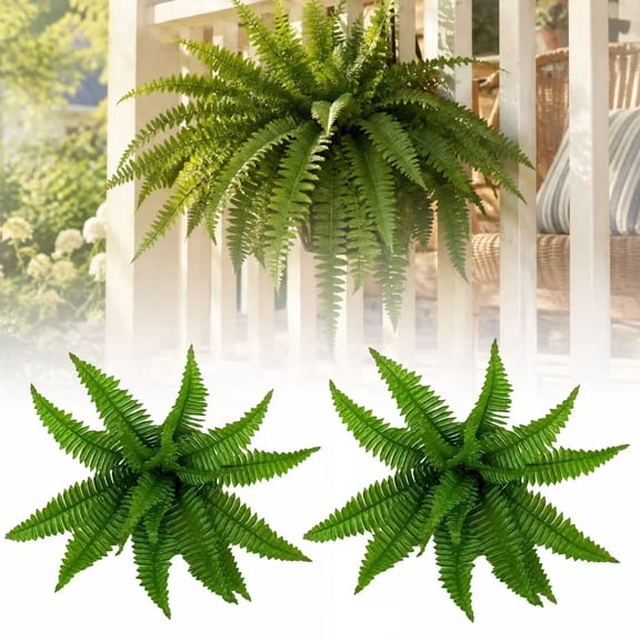 Set of 2 Large Artificial Boston Ferns – Faux Hanging Plants for Outdoor Porch, Garden, Farmhouse Decor