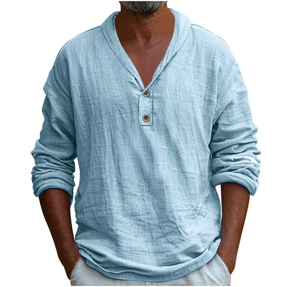 Annhoo Men's Cotton Linen Shirts Solid Color Long Sleeve Tee Tops Button V Neck Comfort Pullover Fall Breathable T-Shirts