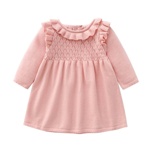Odeerbi Niñas Ruffle Suéter Vestido Primavera Otoño Algodón Punto Vestidos Niños Color Sólido Dulce Vestido Manga Larga Flor Cuello Vestido