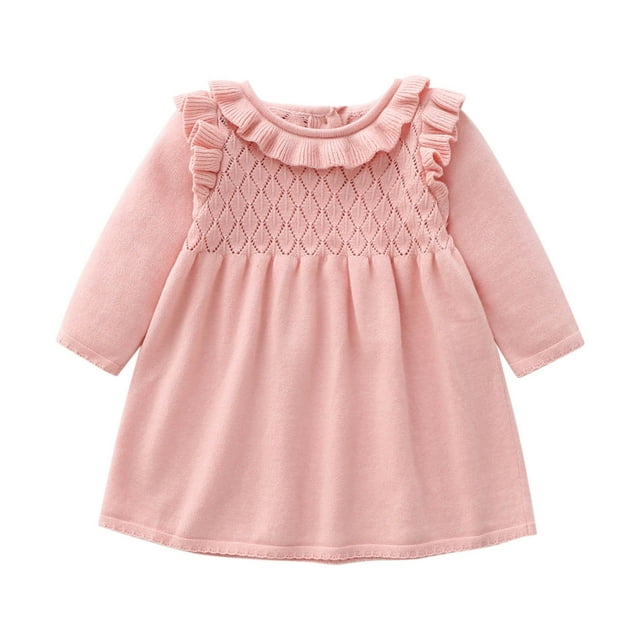 2025 Baby Girls Clothes Fall Winter Sweater Knit Dress Solid Color Long Sleeve Ruffle Neck Princess Dresses Pink