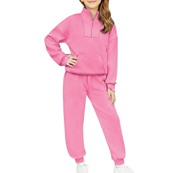 Cethrio Girls Outfit Sets Size 10-12, Long Sleeve Half Zip 2 PC Sweatshirts and Sweatpants Sets Hot Pink
