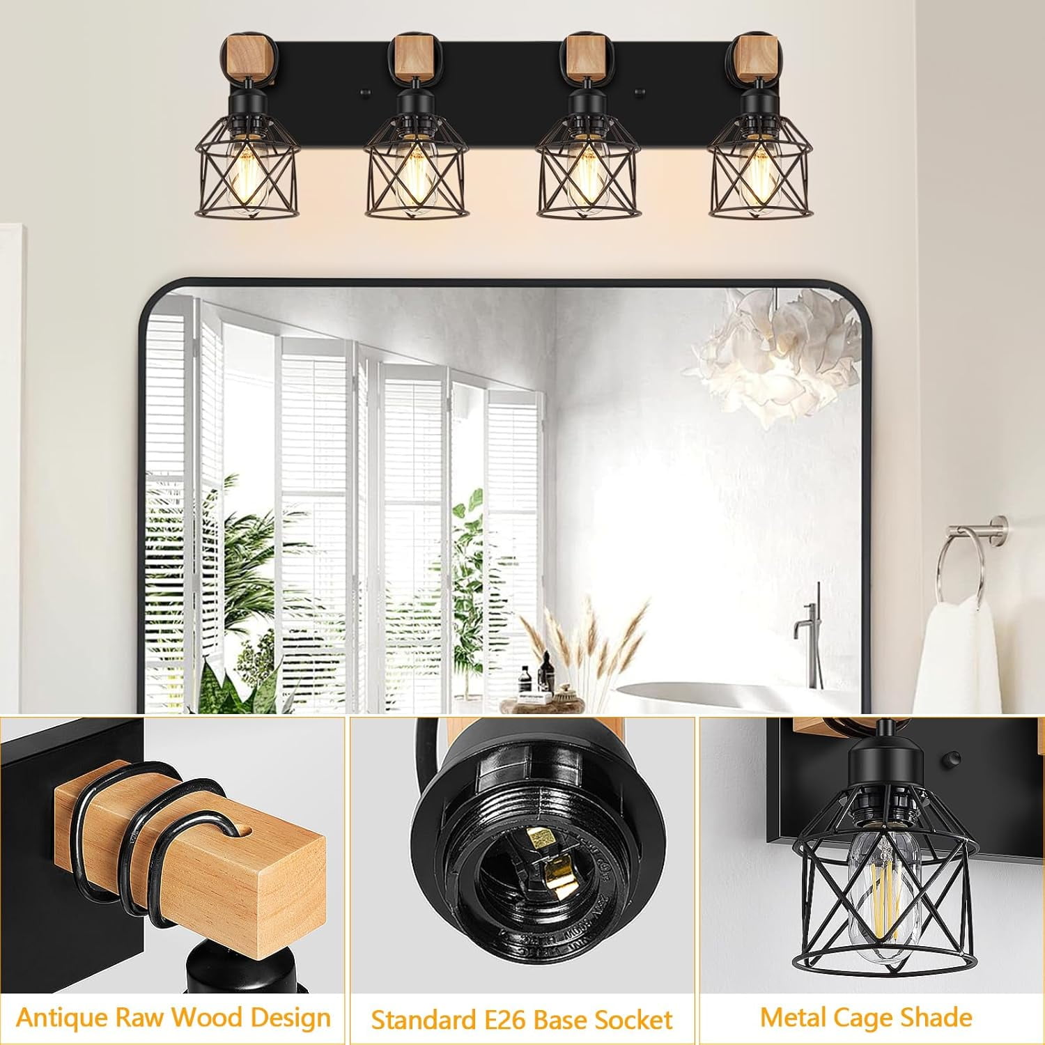 4-Light Farmhouse Wood Bathroom Vanity Lights over Mirror with Metal Cage Lampshade Rustic Bathroom Light Fixtures for Mirror, Living Room, Bedroom, Hallway