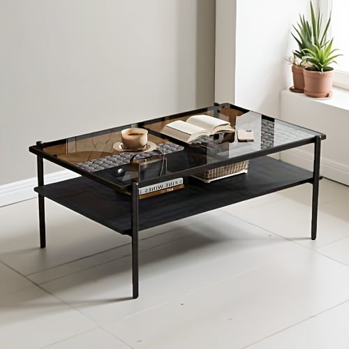 Rectangle Coffee Table with Gray Tempered Glass top and Black Legs,Modern Table for Living Room